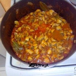 Sauté de champignons à la tomate dans une cocotte, préparation de recette végétarienne savoureuse, cuisine maison pour repas convivial, image de plat de champignons mijotés, recette facile à réaliser, festin de légumes.