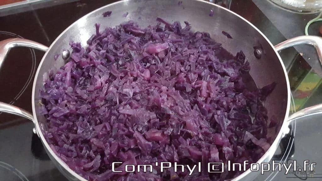 Chou rouge cuit dans une poêle, prêt à être servi, parfait pour accompagner vos plats d'automne ou d'hiver.