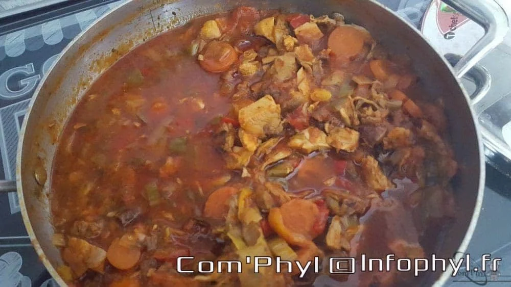 Ragoût de légumes et viande mijotée dans une casserole, avec une sauce riche et colorée, parfait pour un plat réconfortant et savoureux.