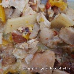 Poulet mijoté dans une sauce crémeuse au lait de coco, avec des morceaux de poulet, poivrons et épices, pour une recette savoureuse et exotique.