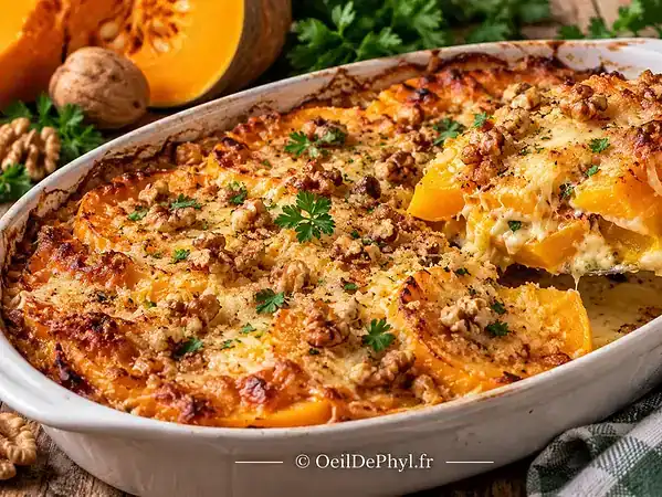 Gratin de courge du Berry aux noix et au gruyère