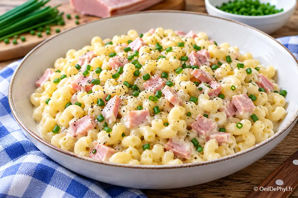pâtes crémeuses au jambon et ciboulette odp