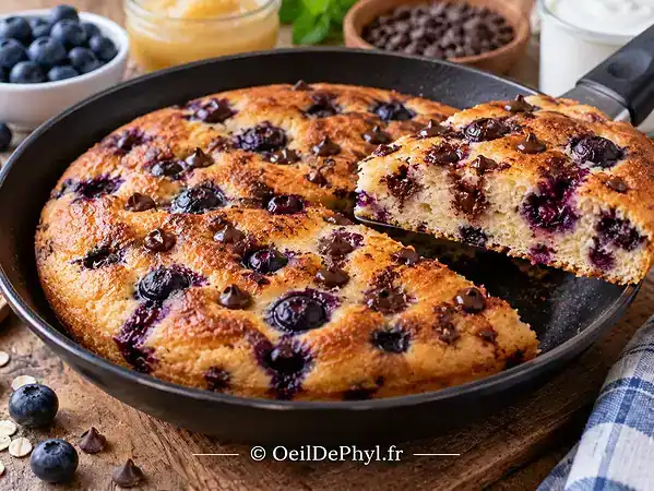 Gâteau à la poêle aux myrtilles et pépites de chocolat