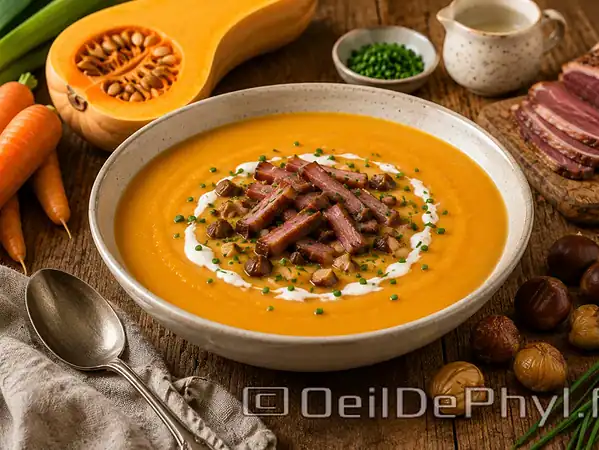 Soupe de carottes et butternut, magret de canard et marrons