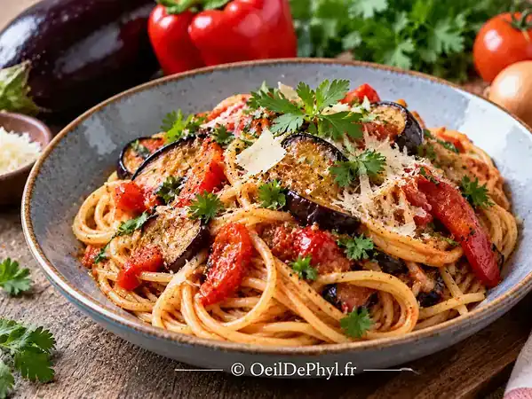 Spaghetti à l’aubergine, poivron et parmesan