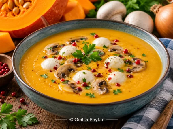 Velouté de potimarron aux champignons et mozzarella